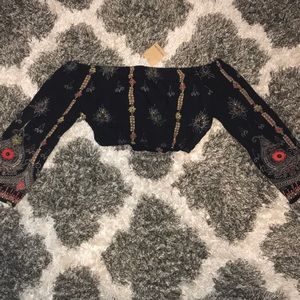 Cropped printed off the shoulder top